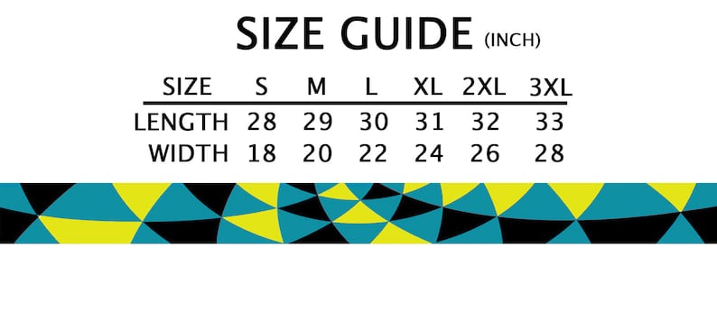 May include: Size guide chart with measurements in inches for a garment. The chart shows the length and width measurements for sizes S, M, L, XL, 2XL, and 3XL.