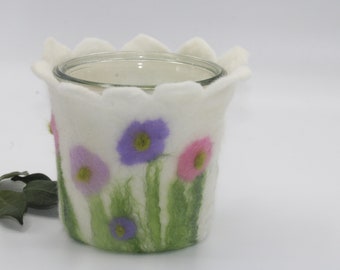 felted lantern with flower, felt lantern, lantern, tealight holder, felt flower, felt