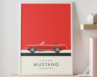 Pôster do Ford Mustang conversível | PERSONALIZÁVEL - Escolha sua cor | Impressão minimalista de ilustração retrô de carro clássico para decoração de parede