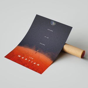 May include: A poster for the movie "The Martian" featuring a red planet with a lone astronaut walking on the surface. The text "Bring Him Home" is written in white on a black background with stars.
