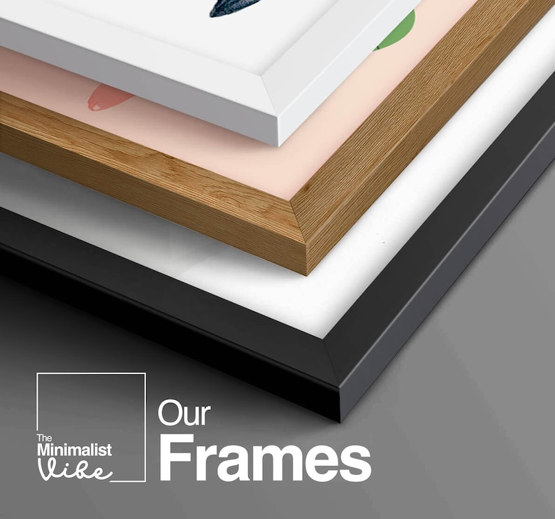 May include: Three picture frames stacked on top of each other. The top frame is white, the middle frame is wood, and the bottom frame is black. The text "Our Frames" is in white letters on a gray background.