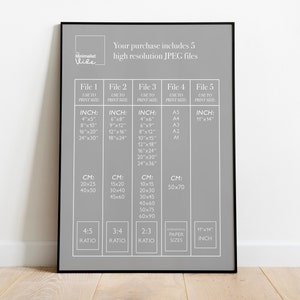 May include: A gray poster with the text "Minimalist Vibe" and "Your purchase includes 5 high resolution JPEG files". The poster lists different file sizes in inches and centimeters for five different files. The poster also includes a table with international paper sizes.