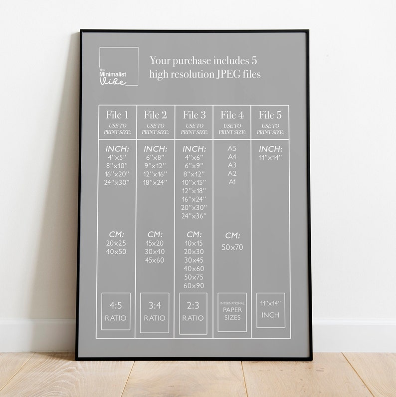 May include: A gray poster with the text "Minimalist Vibe" and "Your purchase includes 5 high resolution JPEG files". The poster lists different file sizes in inches and centimeters for five different files. The poster also includes a table with international paper sizes.