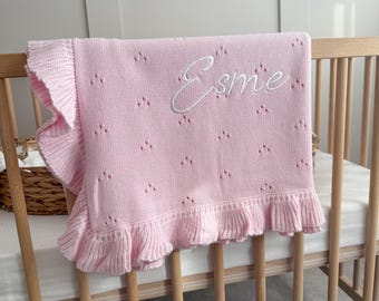 Pink Pointelle Knit Baby Blanket | Embroidered Frill