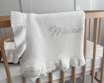 Personalised White Frill Baby Blanket - Embroidered Knit Blanket