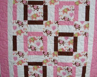 Pink and Brown Elephant Quilt For Baby Girl