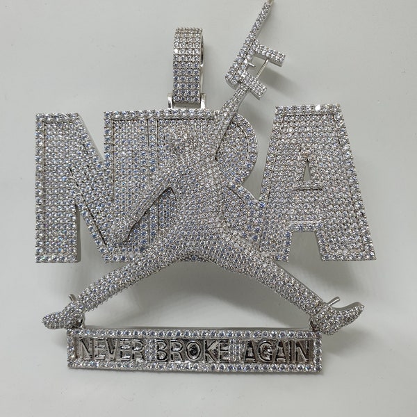 Iced Out Never Broke Again NBA Pendant 3.5" Size Made in 925 Sterling Silver With Shiny CZ/Moissanite  Stones