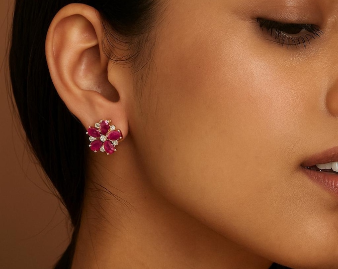 Ruby Posts With Red Vintage 14k Ruby and Diamond Flower Post Stud Earrings - Etsy
