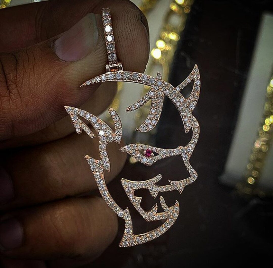 Iced Out Demon Face Shape Pendant 2.5 Long Made in 925 Sterling Silver