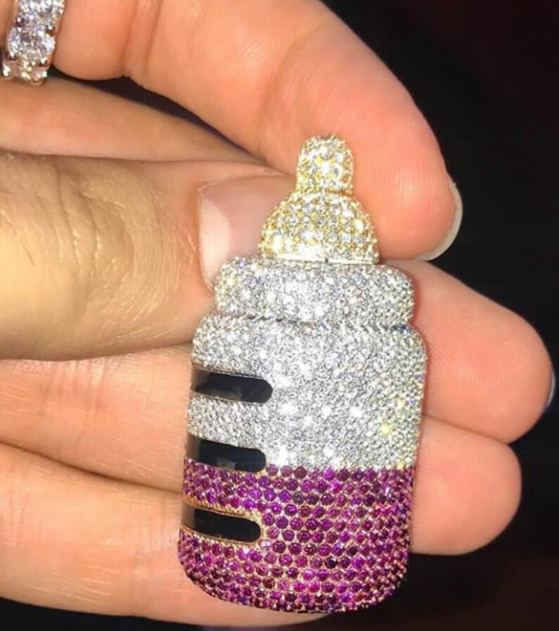 2 Long 1.5 Wide Baby Feeding Bottle Shape Fully Iced Out 925 Sterling Silver Trendy CZ Pendant