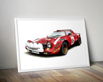 Hand-drawn Red Lancia Stratos - A3 poster print