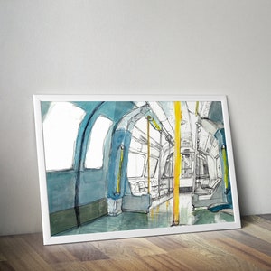 Interior do trem Jubileu do metrô de Londres desenhado à mão - Impressão de pôster A3