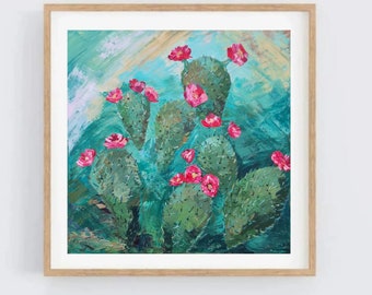 Cactus flowers, original painting, Pink cactus flowers, prickly pear cactus with flowers painting, Impressionism cactus painting, Succulent