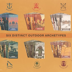 Six colorful card decks are fanned out. Featuring symbols above each titled "Mariner", Survivalist", "Hunter", "Angler", "Gatherer", and "Adventurer". A trawler, hunting lodge, bird watcher, cougar, prickly pear, and minnow are illustrated on cards.