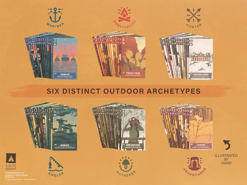 Six colorful card decks are fanned out. Featuring symbols above each titled "Mariner", Survivalist", "Hunter", "Angler", "Gatherer", and "Adventurer". A trawler, hunting lodge, bird watcher, cougar, prickly pear, and minnow are illustrated on cards.