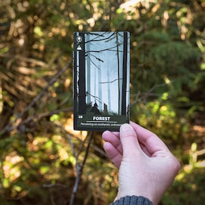 An oracle card titled "Forest" being held outside with trees and foliage behind it. Flavor text on the card reads "Perceiving an authentic unknown". A mushroom and mountain symbol along with the number 28 can be seen on the card.