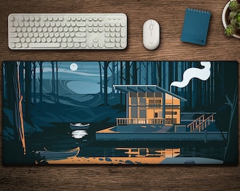 Lake Cabin Desk Mat, Stitched Edge Thick Gaming Mouse Pad with Original Artwork