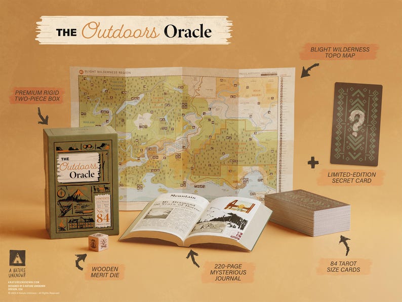 An oracle deck titled "The outdoors oracle" sits on display with it's core components including: A colorful topographical map, 84 tarot size cards, a mysterious looking 220-page journal, a wooden merit die, and limited edition bonus card.