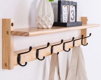 Oak wall shelf with hanger, 3 to 7 hooks, Clothes hanger, Rustic hanger, Versatile storage shelf, Oak hanger, Wall shelves, Outerwear hanger