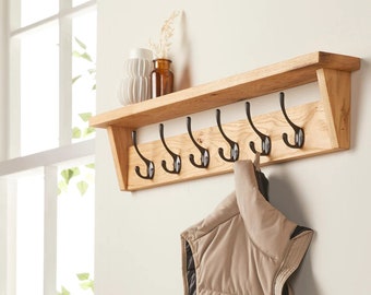 Oak wall shelf with hanger, 3 to 7 hooks, Clothes hanger, Rustic hanger, Versatile storage shelf, Oak hanger, Wall shelves, Outerwear hanger