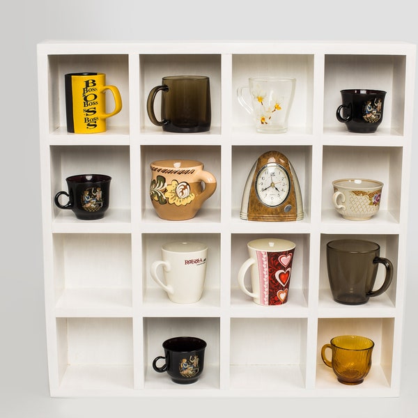 Coffee mug shelves, Tea cup shelf, Mug cubby, Wall mounted shelves, Mug wall shelf, Cup cubby, White, Wooden display cubby, Teetasse Regal