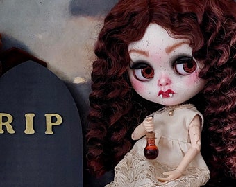 Ooak custom Blythe Doll "Victoria" Vampire Girl and her little bat "Dragomir", repaint doll, coffin, two dresses.