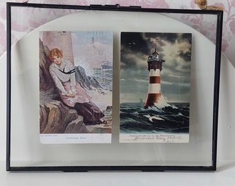 Wall decoration with antique postcards, 30s/40s, romantic, maritime, lighthouse