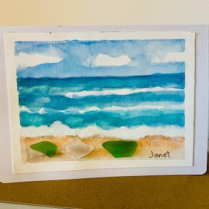 Cartão pintado à mão, cartão de vidro marinho, cartão de aquarela de praia, cartão de felicitações do oceano, cartão de felicitações da praia, cartão de oceano em branco, arte original