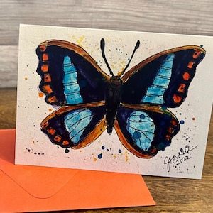 Biglietto acquerello con farfalla blu, stampa dipinta a mano, biglietto d'auguri con farfalla, biglietto con nota a farfalla, biglietto acquerello vuoto