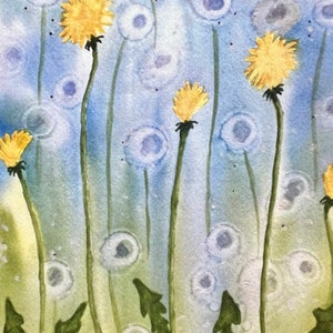 Cartão de aquarela de dente-de-leão, Impressão pintada à mão, Cartão de dente-de-leão, Cartão de flores silvestres, Cartão de felicitações de flores silvestres, Cartão de aquarela em branco