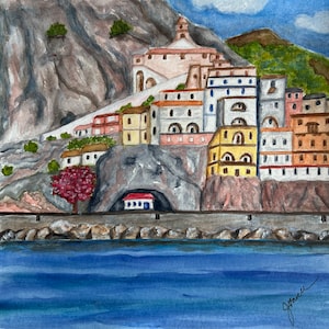 Cartão postal da Itália, Impressão pintada à mão, Cartão em aquarela, Cartão comemorativo de Amalfi, Cartão de viagem, Cartão de amor pela Itália, Cartão da Costa Amalfitana