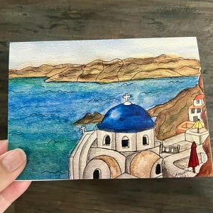 Carta acquerello Grecia, stampa dipinta a mano con acquerello, carta bianca, Santorini, carta Grecia, carta da viaggio