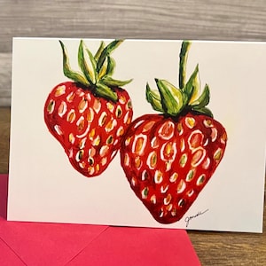 Cartão de aquarela de morango, Impressão pintada à mão, Cartão em branco de aquarela, Cartão de felicitações de frutas, Cartão para amantes de frutas, Cartão de morango