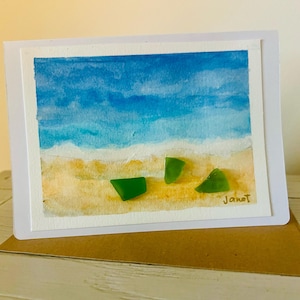 Cartão pintado à mão, cartão de vidro verde do mar, cartão de aquarela de praia, cartão de felicitações do oceano, cartão de praia de vidro do mar, arte original