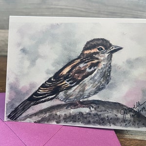 Cartão de aquarela de pardal, impressão pintada à mão, cartão de felicitações de pardal, cartão em branco de aquarela, cartão de pássaro, cartão de bilhete de pássaro