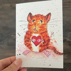 Cartão de Dia dos Namorados, Impressão pintada à mão, Cartão de aquarela com rato de amor, Cartão de rato de amor, Cartão de aquarela com rato, Cartão de rato, Cartão de aquarela em branco