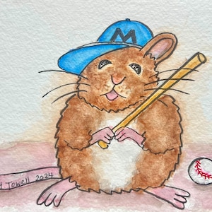 Biglietto di auguri per il baseball, stampa dipinta a mano, biglietto con topo da baseball, biglietto di auguri sportivo, biglietto per gli appassionati di sport