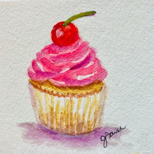 Tarjeta de nota de cupcake, impresión pintada a mano, tarjeta de felicitación de cupcake, tarjeta de cumpleaños, tarjetas de acuarela, tarjetas de postres, deliciosas tarjetas de cumpleaños