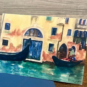 Tarjeta de acuarela de Venecia, Impresión pintada a mano, Tarjeta de góndolas en Venecia, Tarjeta de acuarela de Venecia, Tarjeta de notas de Venecia, Tarjeta de acuarela en blanco