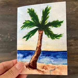 Palme Aquarell Karte, handgemalter Druck, Palme Karte, Palme am Strand, Strandkarte, leere Strandkarte