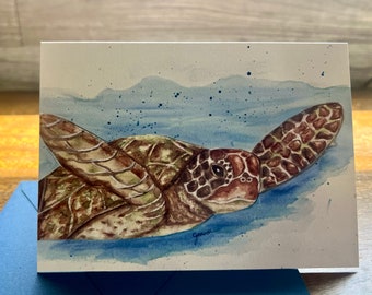 Sea Turtle Watercolor Card, Sea Turtle Card, Beach Blank Card, Watercolor Cards