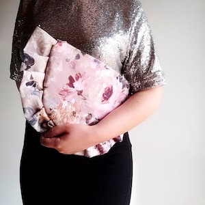 Floral handmade pochette with ruffles, romantic pink flower bag with removable chain, birthday gift.