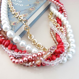 Red bamboo coral necklace, multi strand beaded necklace, chunky pearls statement necklace, bib necklace, jewelry gift