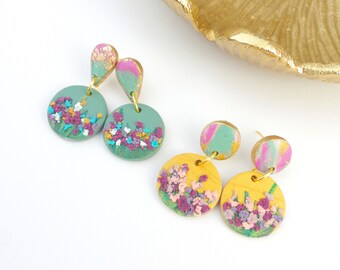 Impressionist flower earrings, polymer clay floral dangle earrings, girlfriend birthday gift.