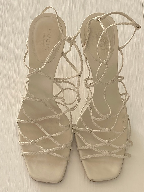 GUCCI white braided strappy heels
