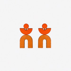 Amar Earrings Orange by Studio Mali - Statement Earrings - Sustainable Earrings - Orange Bold Design - Laser Cut Jewellery - Wooden Dangle