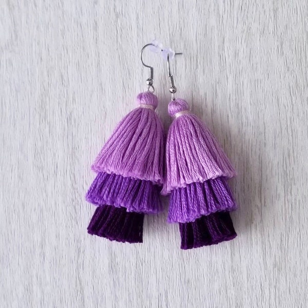 Tassel Earrings - 3 Tier Ombre - Cotton - Violet