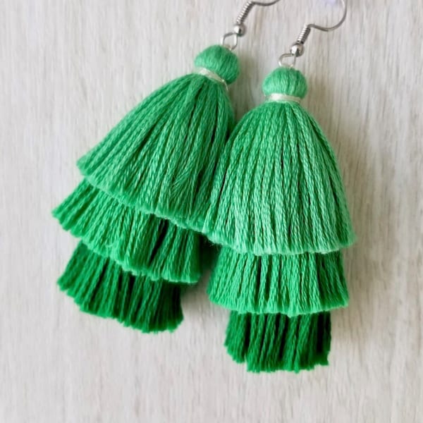 Tassel Earrings - 3 Tier Ombre - Cotton - Emerald Green
