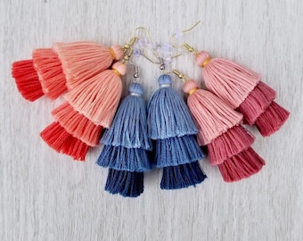 Tassel Earrings - 3 Tier Ombre - Cotton - Dangle Drop Earrings