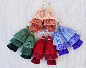 Tassel Earrings - 3 Tier Ombre - Cotton - Dangle Drop Earrings